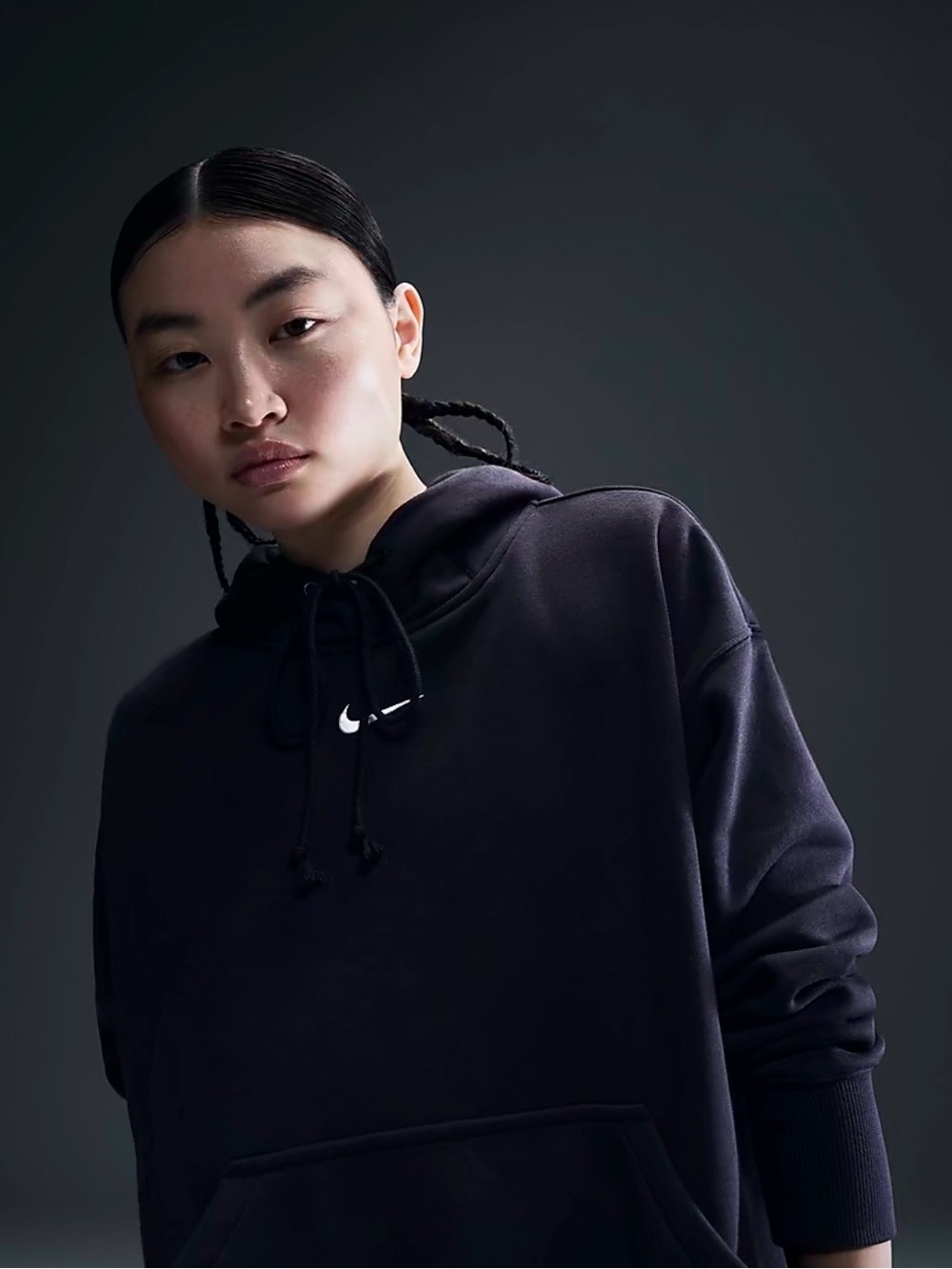 Nike Black Tunic Hoodie Dress with White Swoosh Logo and Open Side Slits